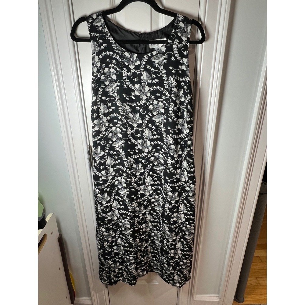 Vintage Lonnee Black White Floral Hibiscus Sleeveless Midi Sheath Dress XL
